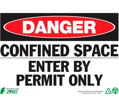 Zing Eco Safety Sign, Danger Confined Space, 10"W x 7"H, Recycled Plastic