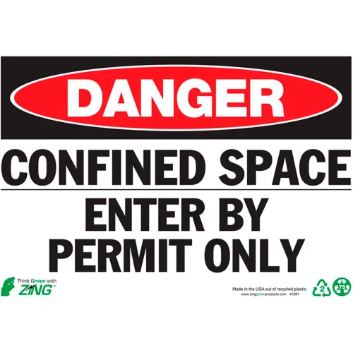 Zing Eco Safety Sign, Danger Confined Space, 10"W x 7"H, Recycled Plastic