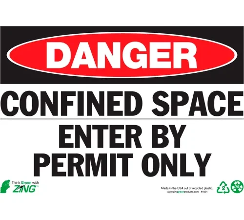 Zing Eco Safety Sign, Danger Confined Space, 10"W x 7"H, Recycled Polystyrene Self Adhesive