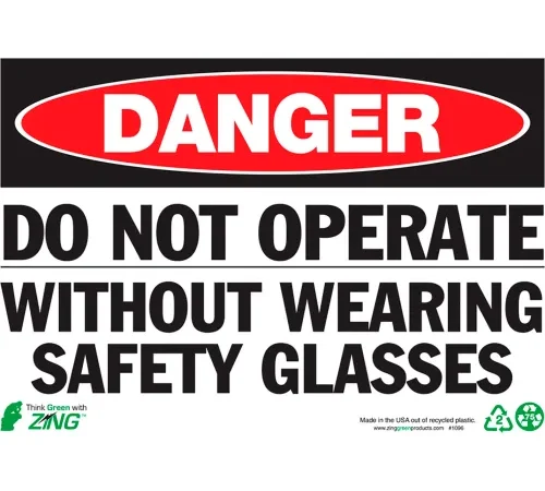 Zing Eco Safety Sign, Do Not Operate Without Wearing Safety Glasses, 10"W x 7"H, Recycled Aluminum