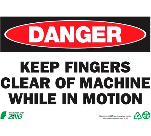 Zing Eco Safety Sign, Danger Keep Fingers Clear, 10"W x 7"H, Recycled Plastic