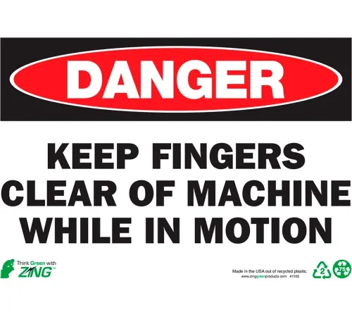 Zing Eco Safety Sign, Danger Keep Fingers Clear, 10"W x 7"H, Recycled Aluminum