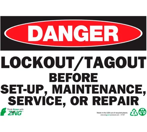 Zing Eco Safety Sign, Danger Lockout-Tagout, 10"W x 7"H, Recycled Plastic