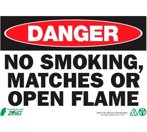 Zing Eco Safety Sign, Danger No Smoking/Matches/Open Flame, 10"W x 7"H, Recycled Plastic