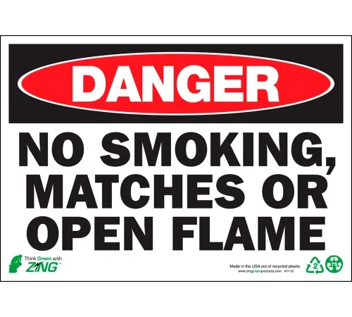 Zing Eco Safety Sign, Danger No Smoking/Matches/Open Flame, 10"W x 7"H, Recycled Polystyrene