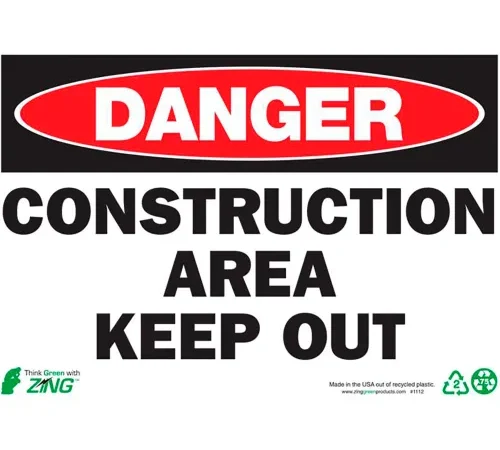 Zing Eco Safety Sign, Danger Construction Area Keep Out, 10"W x 7"H, Recycled Plastic