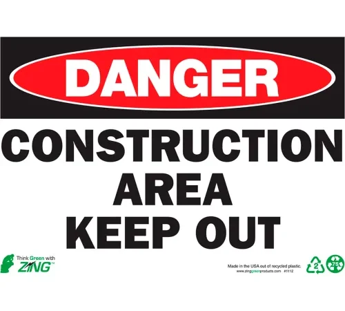 Zing Eco Safety Sign, Danger Construction Area, 10"W x 7"H, Recycled Polystyrene Self Adhesive