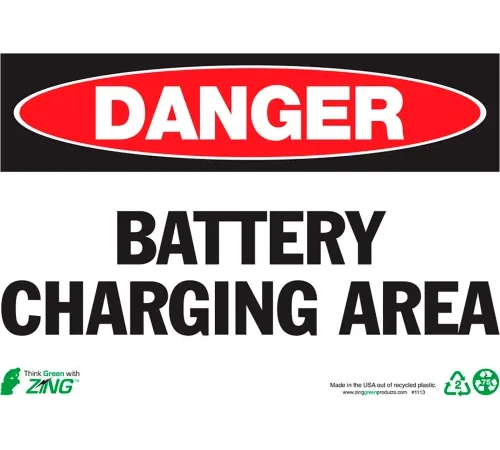 Zing Eco Safety Sign, Danger Battery Charging Area, 10"W x 7"H, Recycled Polystyrene Self Adhesive
