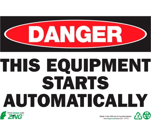Zing Eco Safety Sign, Danger Equipment Starts Automatically, 10"W x 7"H, Recycled Aluminum