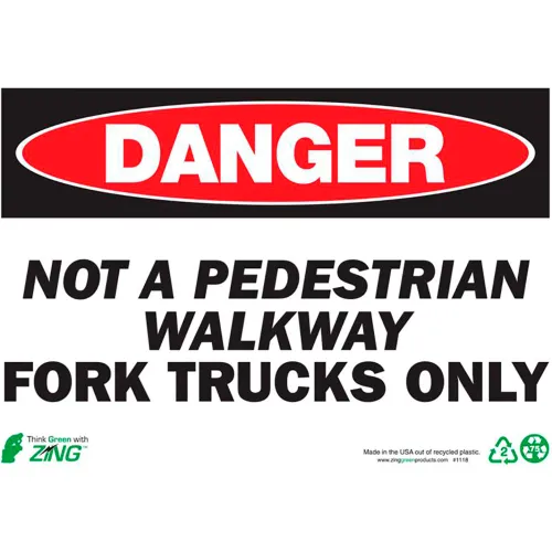 Zing Eco Safety Sign, Danger Fork Trucks Only, 10"W x 7"H, Recycled Plastic
