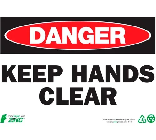 Zing Eco Safety Sign, Danger Keep Hands Clear, 10"W x 7"H, Recycled Plastic