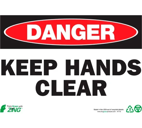Zing Eco Safety Sign, Danger Keep Hands Clear, 10"W x 7"H, Recycled Aluminum