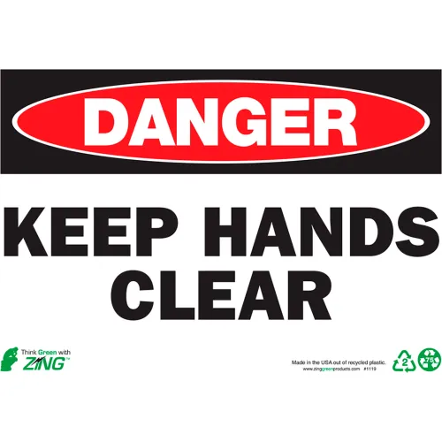 Zing Eco Safety Sign, Danger Keep Hands Clear, 10"W x 7"H, Recycled Polystyrene Self Adhesive