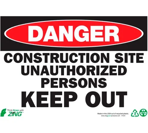 Zing Eco Safety Sign, Danger Construction Site Keep Out, 10"W x 7"H, Recycled Plastic