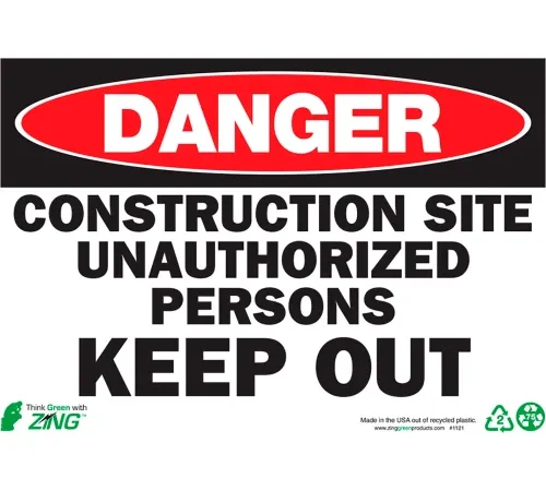 Zing Eco Safety Sign, Danger Construction Site Keep Out, 10"W x 7"H, Recycled Aluminum
