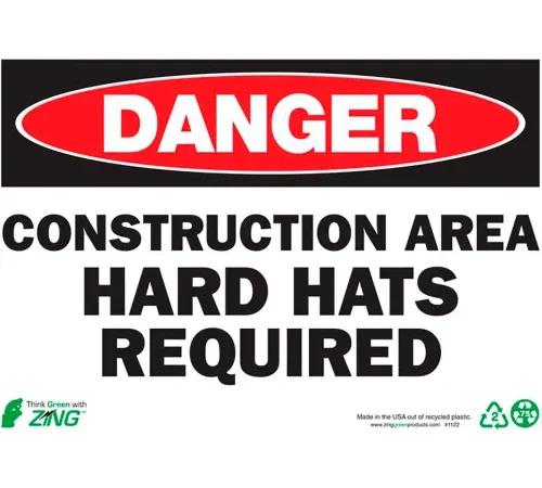 Zing Eco Safety Sign, Danger Construction Area Hard Hats, 10"W x 7"H, Recycled Plastic