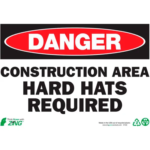 Zing Eco Safety Sign, Danger Construction Area Hard Hats, 10"W x 7"H, Recycled Plastic