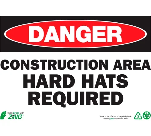 Zing Eco Safety Sign, Danger Construction Area Hard Hats, 10"W x 7"H, Recycled Polystyrene