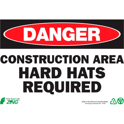 Zing Eco Safety Sign, Danger Construction Area Hard Hats, 10"W x 7"H, Recycled Polystyrene