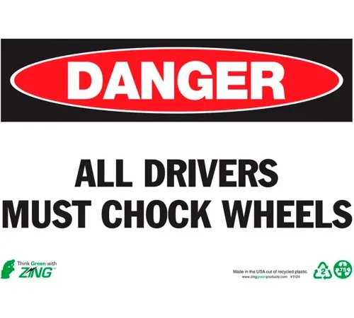 Zing Eco Safety Sign, Danger All Drivers Must Chock Wheels, 10"W x 7"H, Recycled Plastic
