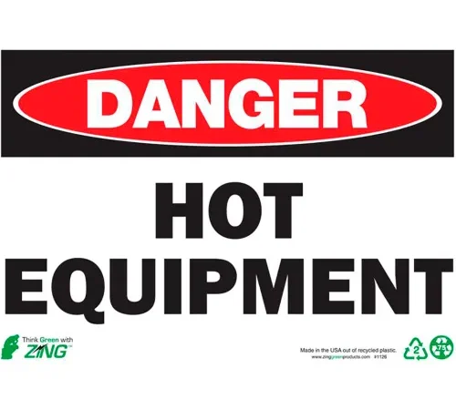 Zing Eco Safety Sign, Danger Hot Equipment, 10"W x 7"H, Recycled Plastic
