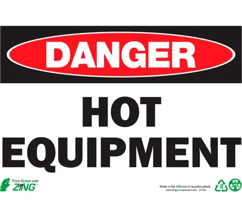 Zing Eco Safety Sign, Danger Hot Equipment, 10"W x 7"H, Recycled Polystyrene Self Adhesive