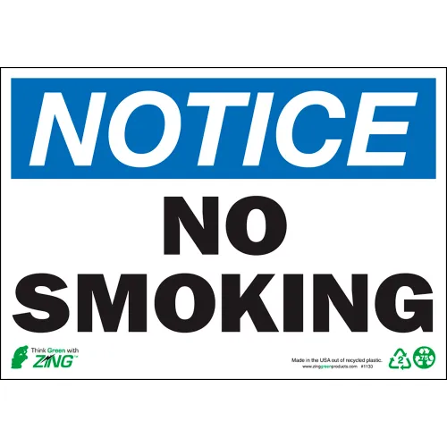 Zing Eco Safety Sign, Notice No Smoking, 10"W x 7"H, Recycled Polystyrene Self Adhesive