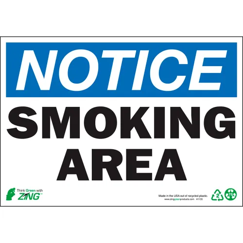 Zing Eco Safety Sign, Notice Smoking Area, 10"W x 7"H, Recycled Aluminum