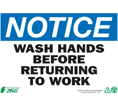 Zing Eco Safety Sign, Notice Wash Hands Before Returning to Work, 10"W x 7"H, Recycled Plastic