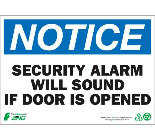 Zing Eco Safety Sign, Notice Security Alarm Will Sound If Door Is..., 10"W x 7"H, Recycled Aluminum