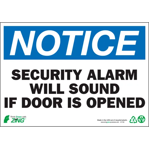 Zing Eco Safety Sign, Notice Security Alarm Will Sound If Door..., 10"W x 7"H, Recycled Polystyrene