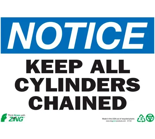 Zing Eco Safety Sign, Notice Keep Cylinder Chained, 10"W x 7"H, Recycled Plastic