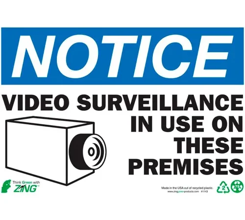Zing Eco Safety Sign, Notice Video Surveillance, 10"W x 7"H, Recycled Plastic