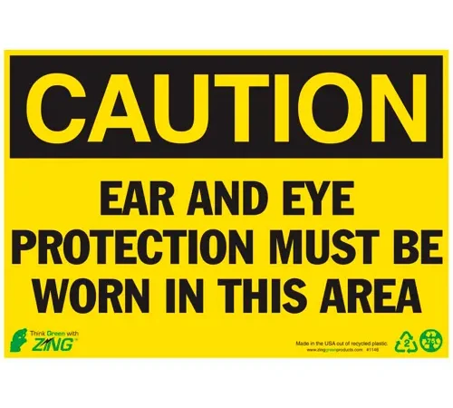 Zing Eco Safety Sign, Caution Ear Protection Required, 10"W x 7"H, Recycled Plastic