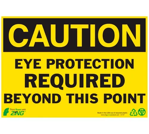 Zing Eco Safety Sign, Caution Eye Protection Required, 10"W x 7"H, Recycled Plastic