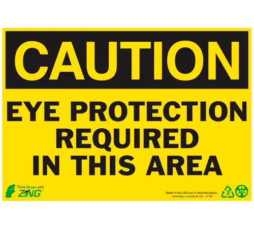 Zing Eco Safety Sign, Caution Eye Protection Required In This Area, 10"W x 7"H, Recycled Plastic
