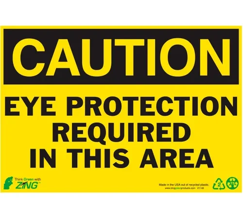 Zing Eco Safety Sign, Caution Eye Protection Required In This Area, 10"W x 7"H, Recycled Aluminum