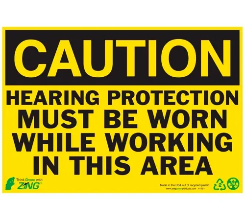 Zing Eco Safety Sign, Caution Hearing Protection Must Be Worn..., 10"W x 7"H, Recycled Plastic