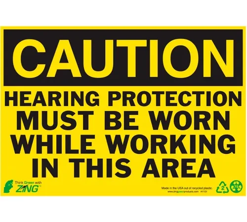 Zing Eco Safety Sign, Caution Hearing Protection Must Be Worn..., 10"W x 7"H, Recycled Aluminum
