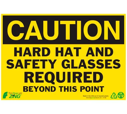 Zing Eco Safety Sign, Caution Hard Hat and Safety Glasses Required, 10"W x 7"H, Recycled Plastic