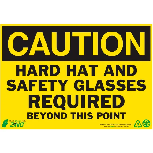 Zing Eco Safety Sign, Caution Hard Hat and Safety Glasses Required, 10"W x 7"H, Recycled Polystyrene