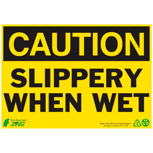 Zing Eco Safety Sign, Caution Slippery When Wet, 10"W x 7"H, Recycled Plastic