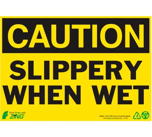 Zing Eco Safety Sign, Caution Slippery When Wet, 10"W x 7"H, Recycled Polystyrene Self Adhesive