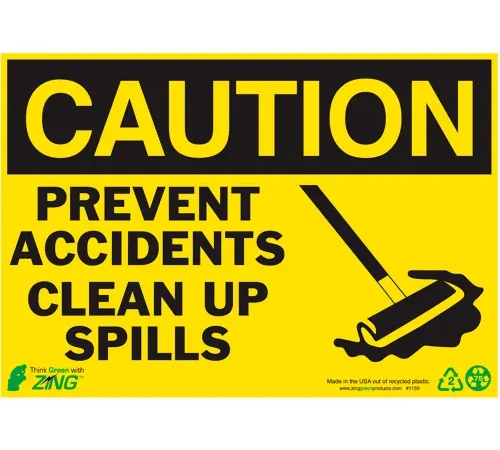 Zing Eco Safety Sign, Caution Clean Up Spills, 10"W x 7"H, Recycled Polystyrene Self Adhesive