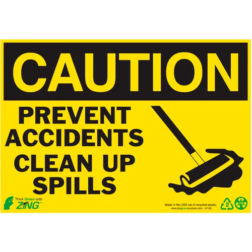Zing Eco Safety Sign, Caution Clean Up Spills, 10"W x 7"H, Recycled Polystyrene Self Adhesive