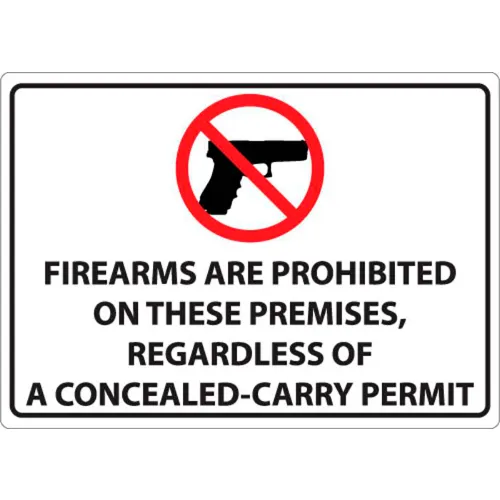 Zing Concealed Carry Label, Firearms Prohibited, 7"W x 5"H, Recycled Polystyrene, Pack of 2