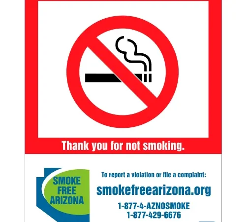 Zing No Smoking Sign, Arizona Regulations, 7"W x 10"H, Recycled Plastic