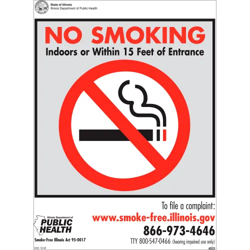 Zing No Smoking Sign, Illinois Regulations, 7"W x 10"H, Recycled Plastic