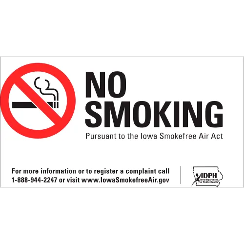 Zing No Smoking Sign, Iowa Regulations, 10"W x 7"H, Recycled Polystyrene Self Adhesive