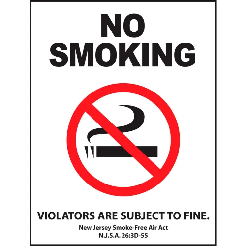 Zing No Smoking Sign, New Jersey Regulations, 7"W x 10"H, Recycled Aluminum